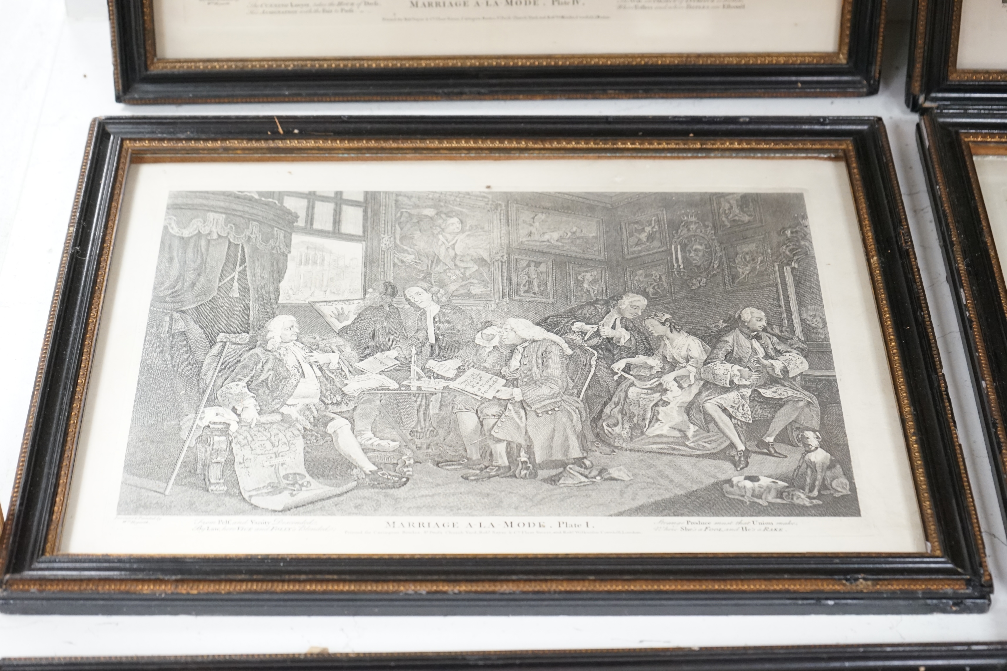 After William Hogarth (1697-1764), set of six satirical engravings, ‘Marriage a la Mode’, printed for Robert Sayer and Carington Bowles, London, 30 x 40cm. Condition - fair